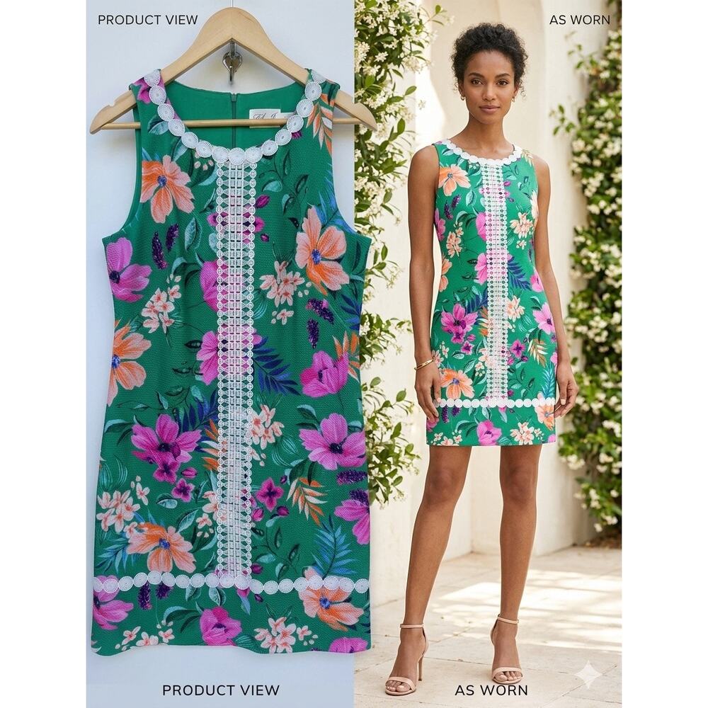 Eliza J Green Floral Shift Mini Dress White Lace Trim Embroidery Size 10